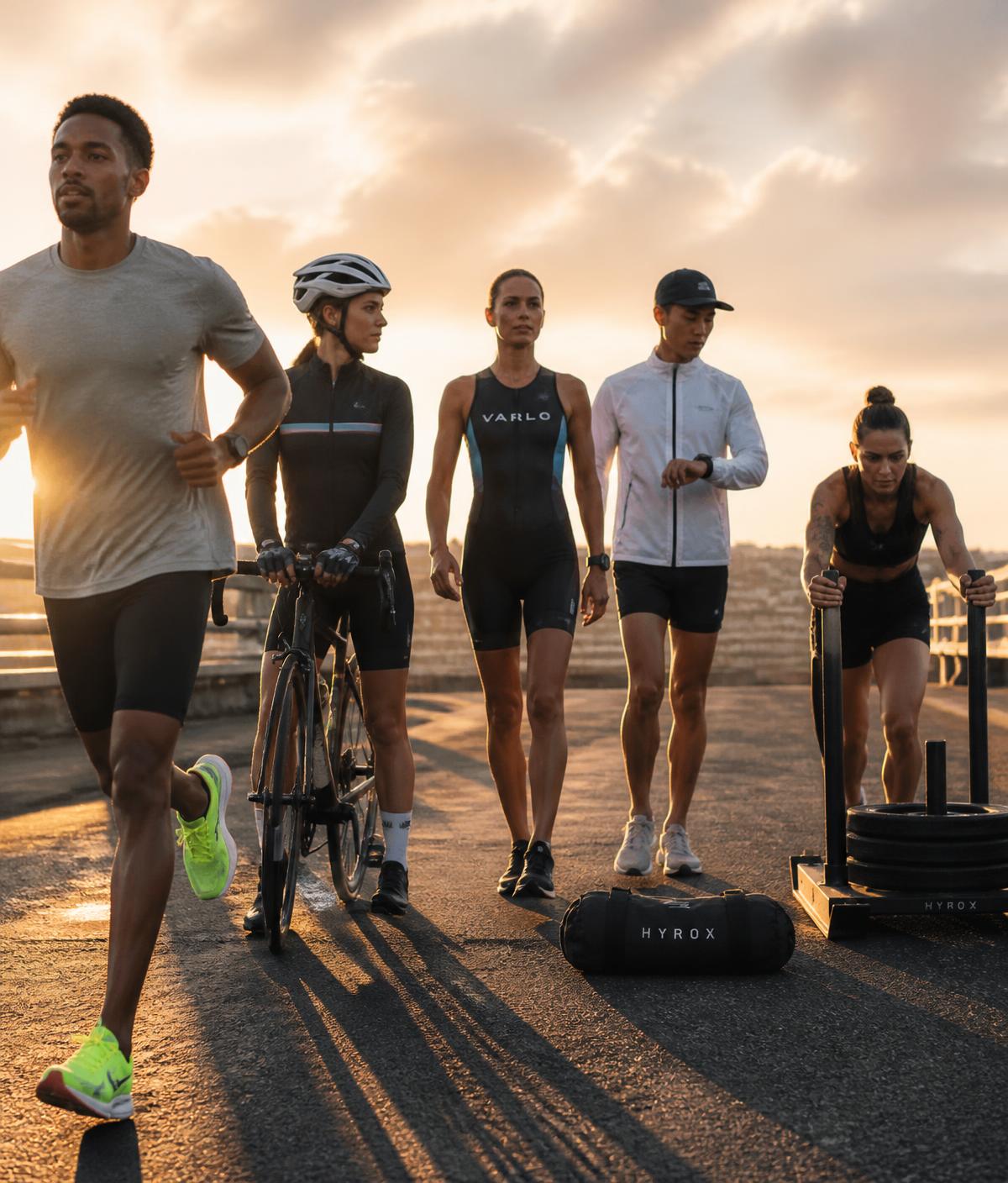 A runner, cyclist, triathlete, race walker and HYROX athlete training together at sunrise