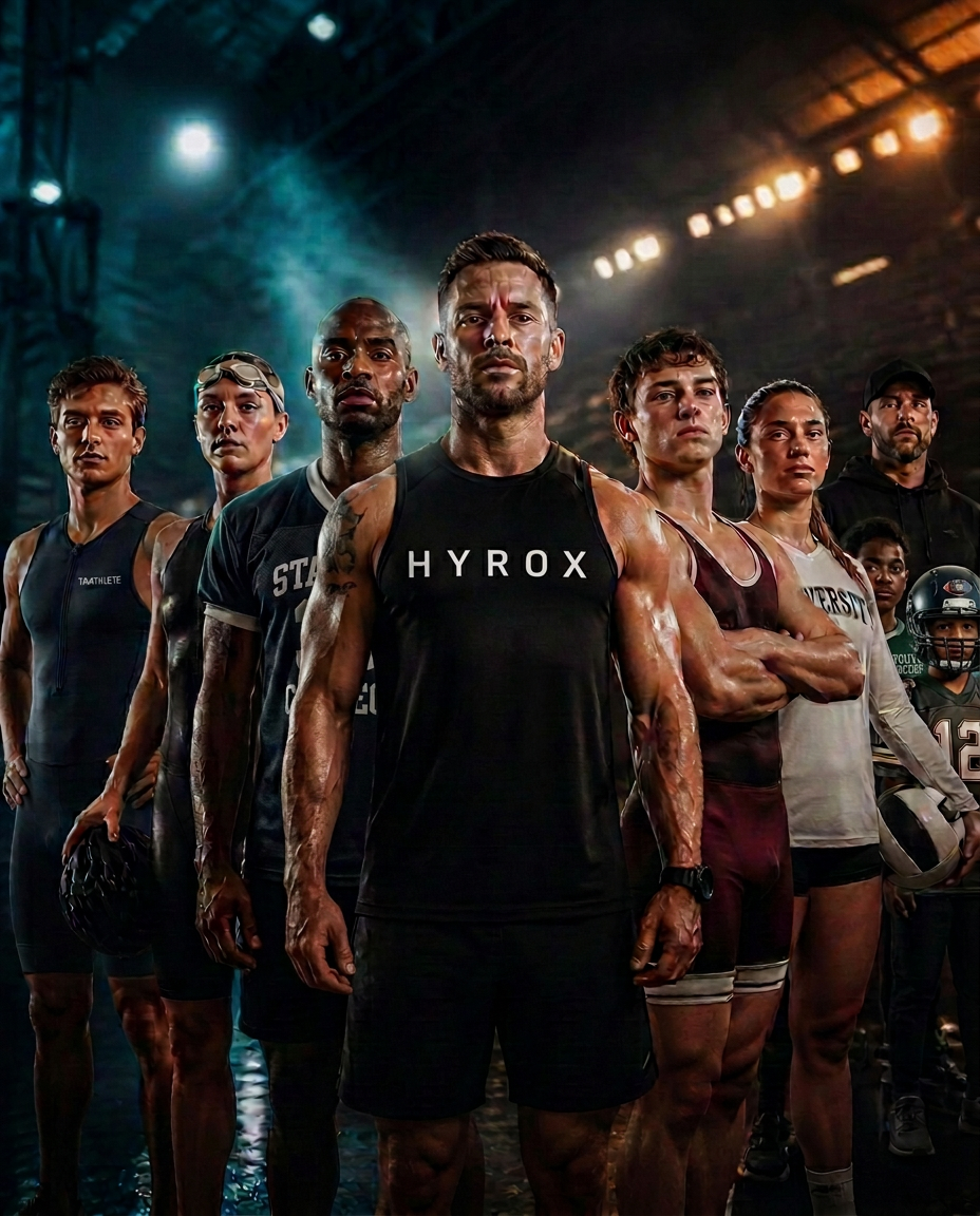 A runner, cyclist, triathlete, race walker and HYROX athlete training together at sunrise